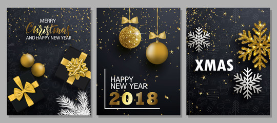 Christmas posters with shiny snowflake,Christmas ball and gift boxes. Vector illustration. Design for invitation, banners, ads, coupons, promotional material