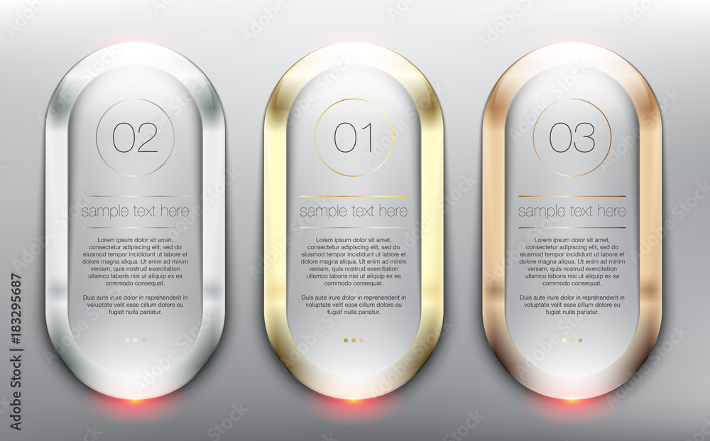 Wall mural vector glass web banners set of 3. glossy circle banners with gold, silver and bronze frames. isolat
