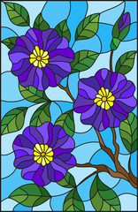 The illustration in stained glass style painting with a branch of flowering plants on a blue background, purple  flowers, buds and leaves against the sky