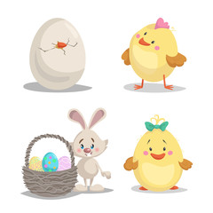 Spring character mascot and seasonal vector illustrations set. Hatched egg. cute chick boy and girl, easter bunny with basket with painted eggs.