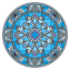 Illustration in stained glass style, round mirror image with floral ornaments and swirls