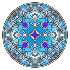 Illustration in stained glass style, round mirror image with floral ornaments and swirls
