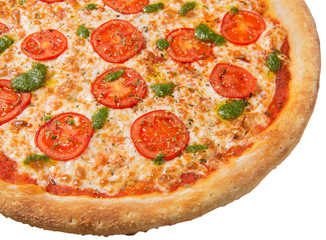 italian pizza on white background isolated, macro photography