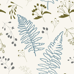 Vector botanical seamless pattern with  stylized rowan tree berries and fern leaves. Hand drawn twigs and berries in pastel colors.