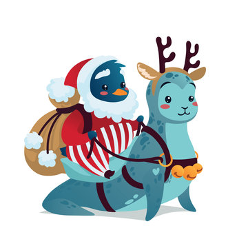 Christmas Characters. Cute Penguin in costume of Santa Klaus with backpack riding Seal in costume of Deer in the snow.