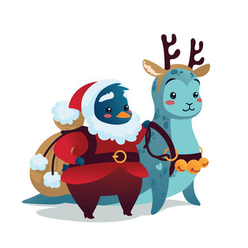 Christmas Card. Cute Penguin in costume of Santa Klaus with backpack riding Seal in costume of Deer in the snow. Vector.