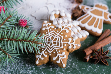 Homemade christmas cookies with decor on  green  background.