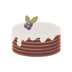 Flat icon of multi-layer chocolate cake with whipped cream and blueberry on top for bakery, cafe and restaurant. Vector cartoon illustration isolated on white.