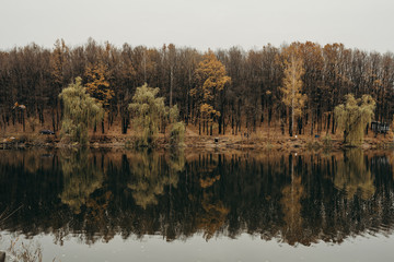 Dramatic lake. Colorful autumn morning. Around the world. Toned adventure photo. Artistic style post processed photo.