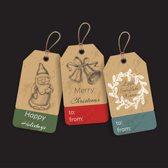 Christmas gift tags with hand drawing elements. Vector illustration sketch Holidays.