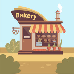 Bakery store building facade with signboard, smoke from chimney and showcase full of pastry and bakery products. Flat style cartoon vector illustration.