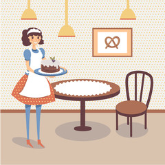 Flat bakery store interior with table, wooden chair and picture of pretzel on the wall. Smiling girl waitress holding sweet cake. Cartoon vector