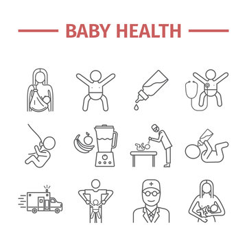 Baby health. Medicine web line icons. Vector signs.