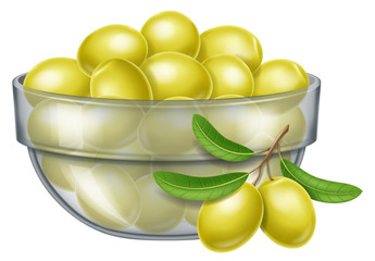 Glass bowl with green olives. Vector illustration.