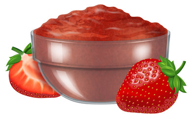Glass bowl with homemade strawberry jam. Vector illustration.