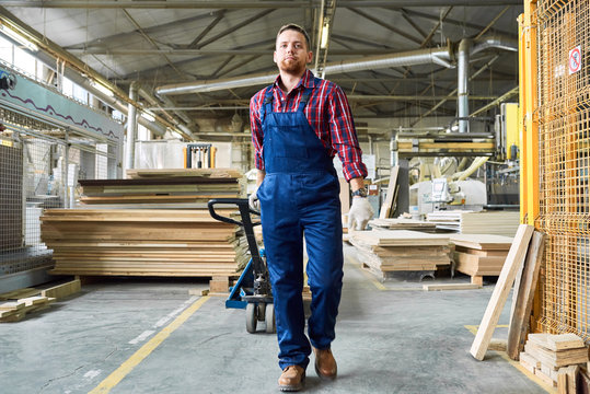 Full length portrait of confident young workman wearing blue overalls moving materials in factory warehouse, copy space