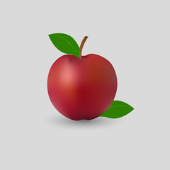 Red apple with green leaves.