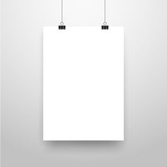 Mock-Up Realistic White Poster Hanging. Empty White Vector Poster Template.