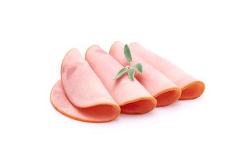 Cooked boiled ham sausage or rolled bologna slices isolated on white background with herbs and spices
