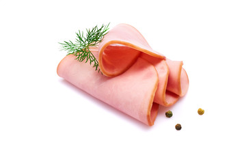 Cooked boiled ham sausage or rolled bologna slices isolated on white background with herbs and spices