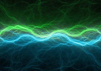 Fototapeta premium Green and blue electrical lightnings, abstract plasma