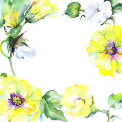 Wildflower eustama flower frame in a watercolor style. Full name of the plant: eustama. Aquarelle wild flower for background, texture, wrapper pattern, frame or border.