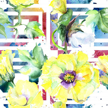 Wildflower eustama flower pattern in a watercolor style. Full name of the plant: eustama. Aquarelle wild flower for background, texture, wrapper pattern, frame or border.
