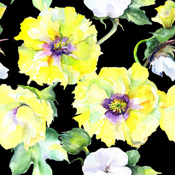 Wildflower eustama flower pattern in a watercolor style. Full name of the plant: eustama. Aquarelle wild flower for background, texture, wrapper pattern, frame or border.