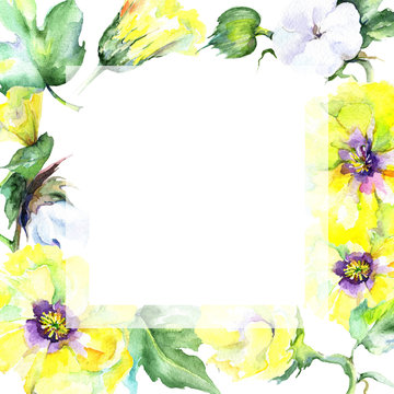 Wildflower eustama flower frame in a watercolor style. Full name of the plant: eustama. Aquarelle wild flower for background, texture, wrapper pattern, frame or border.