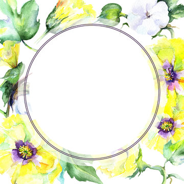 Wildflower eustama flower frame in a watercolor style. Full name of the plant: eustama. Aquarelle wild flower for background, texture, wrapper pattern, frame or border.