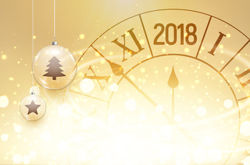 2018 new year shining background with clock and glass balls. Happy new year 2018 celebration decoration poster, festive card template