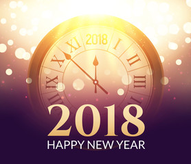 Naklejka na ściany i meble 2018 new year shining background with clock. Happy new year 2018 celebration decoration poster, festive card template