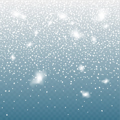 Falling snow on the blue background. Christmas snowflake vector backdrop. White snow decoration isolated