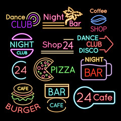 Bar, dance club cafe neon signs isolated on black background