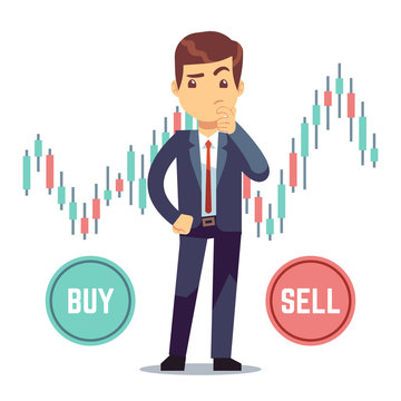 Young man trader and business candlestick chart with buy and sell buttons. Stock market and trade exchange vector concept