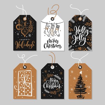 Christmas gift tags set with handwritten calligraphy and decorative elements.