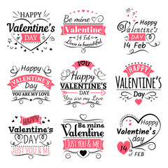 Valentines Day typography, ribbon banners and decoration elements vector set