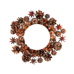 Wreath of various pine cones and anise stars on the white background