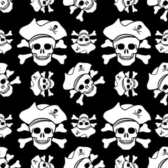 Jolly Roger seamless pattern. Skull with Captain Pirate Hat and Cross Bones.