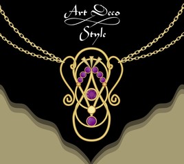 Luxury art deco filigree necklace, pendant with purple amethyst on fine golden chain, antique gold jewel, fashion in victorian style