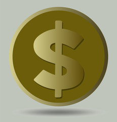 US dollar symbol on gold coin, isolated object on light gray background with shadow below object, american currency symbol