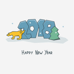 Happy new year card. Sign 2018. Piss Dog.  Chinese calendar. Joke, fun vector illustration