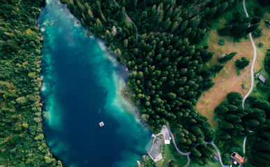 aerial view of a mountain lake