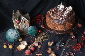 diet cakes and pastries for festive background, Christmas tree decorated with toys and garlands.