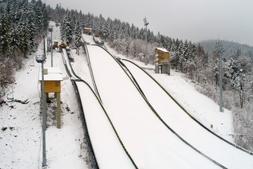 Aerial drone view on ski jump in Szczyrk