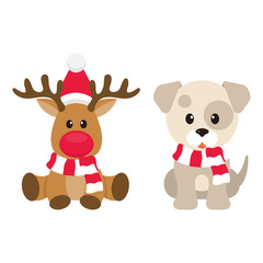 cartoon christmas deer and winter dog