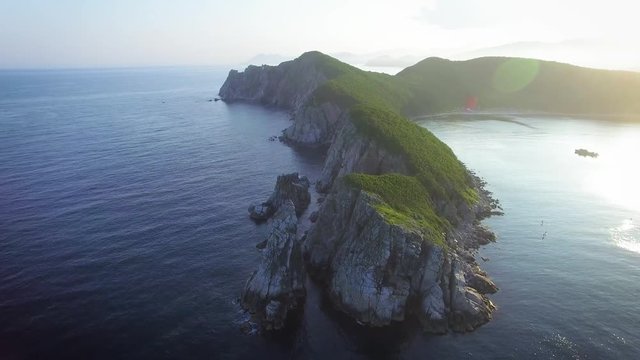 Drone shoot along the coast of Russia on a sunny day.