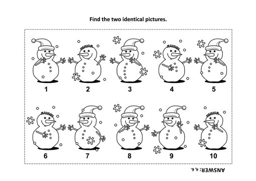 IQ training find the two identical pictures with snowman visual puzzle and coloring page. Answer included.
