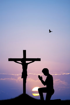 illustration of man prays on cross