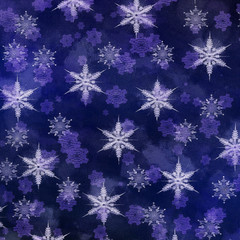 New year or Christmas scene texture design. Abstract winter background and snowflakes. Watercolor and oil painting mix. Stock. Good as pattern for wallpapers, posters, cards, invitations or websites.